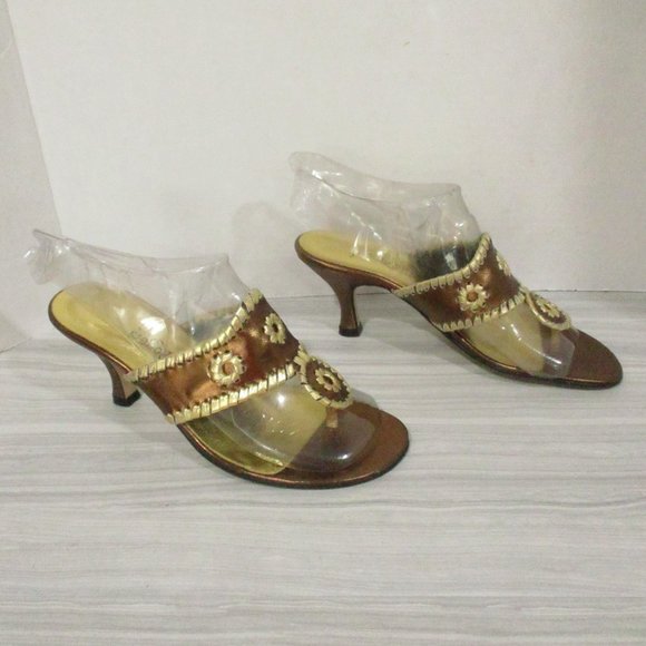 JACK ROGERS BRONZE/GOLD METALLIC TOE THONG SANDALS 3" HEEL - Picture 4 of 8